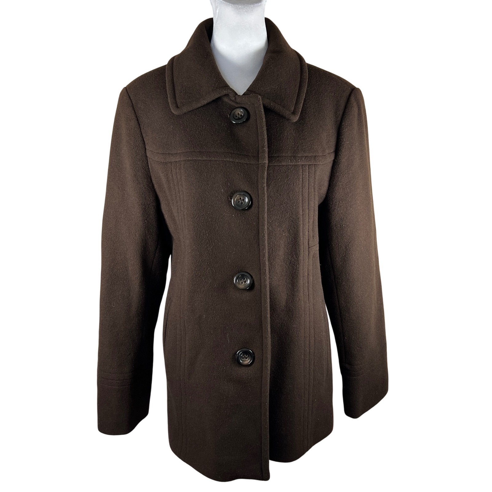 Anne Klein Women's Dark Brown Wool Blend Peacoat Jacket Size Large Feminine